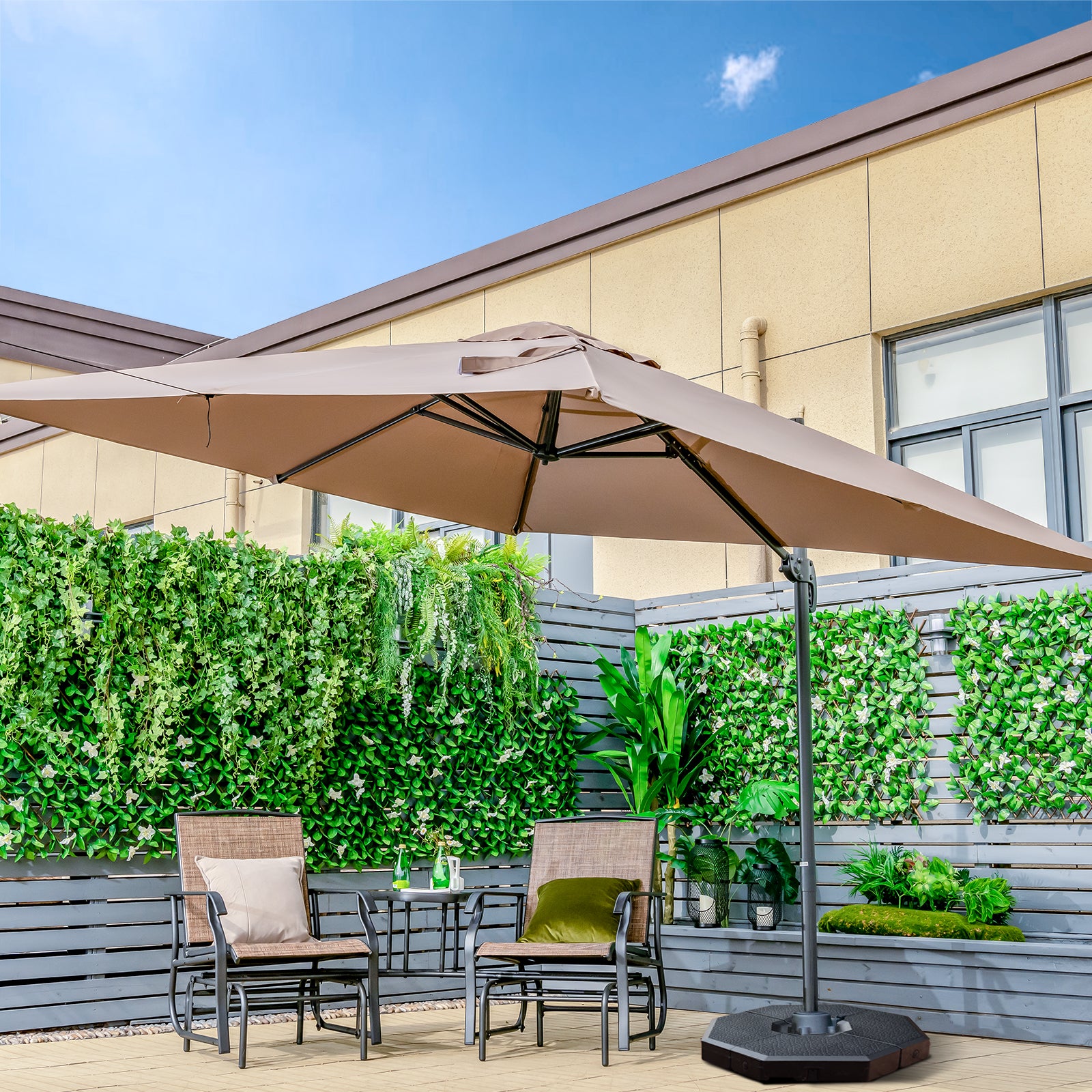 Patio Umbrella Square Offset with Cross Base and Tilt Adjustable-Coffee