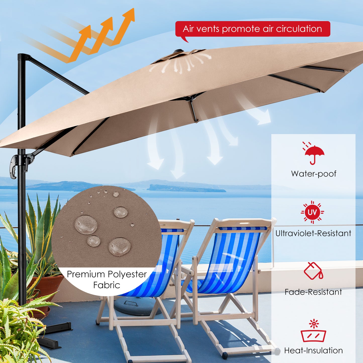 Patio Umbrella Square Offset with Cross Base and Tilt Adjustable-Coffee