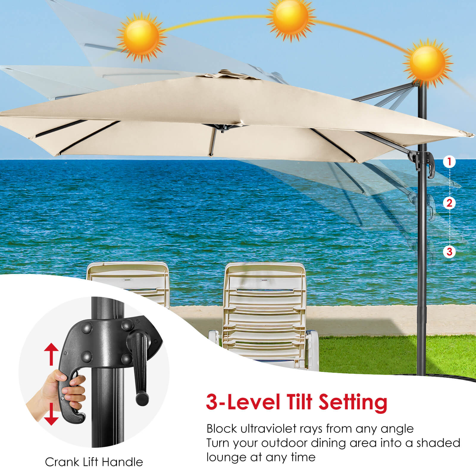 Patio Umbrella Square Offset with Cross Base and Tilt Adjustable-Beige