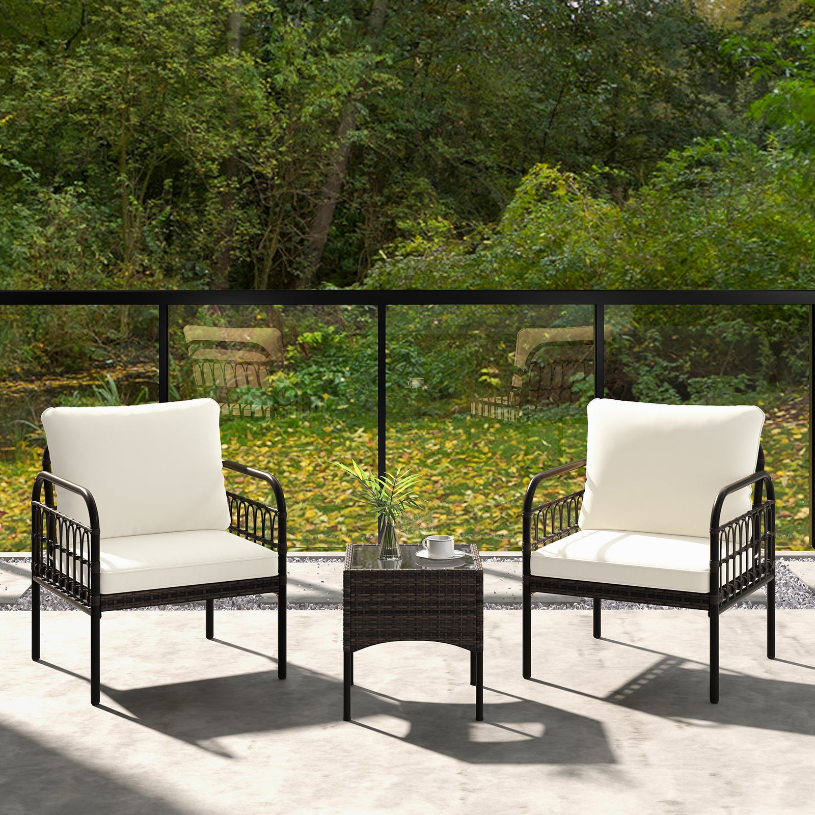 3 Pieces Patio Wicker Furniture Set with Cushioned Chairs and Tempered Glass Coffee Table-White