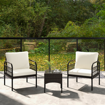 3 Pieces Patio Wicker Furniture Set with Cushioned Chairs and Tempered Glass Coffee Table-White
