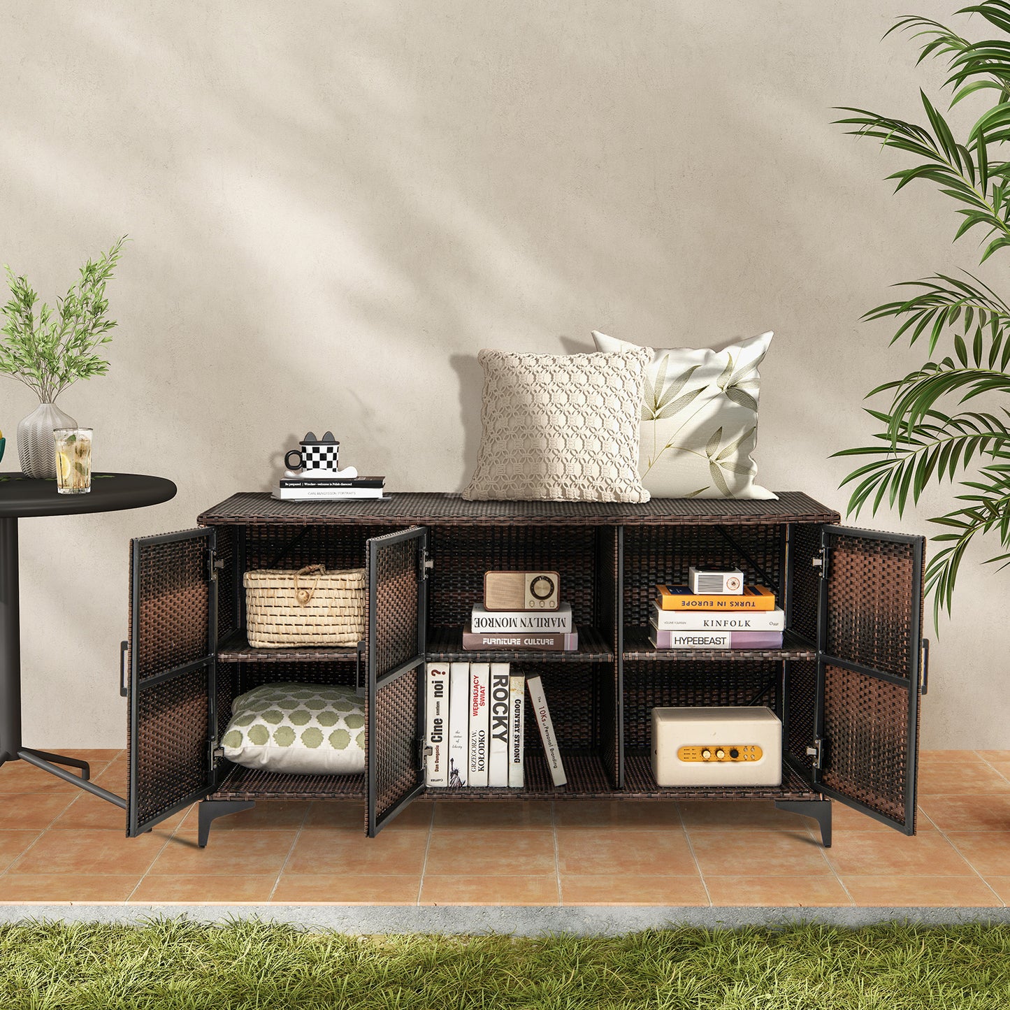 318 L Patio Wicker Storage Cabinet Deck Box with Removable Shelves-Brown