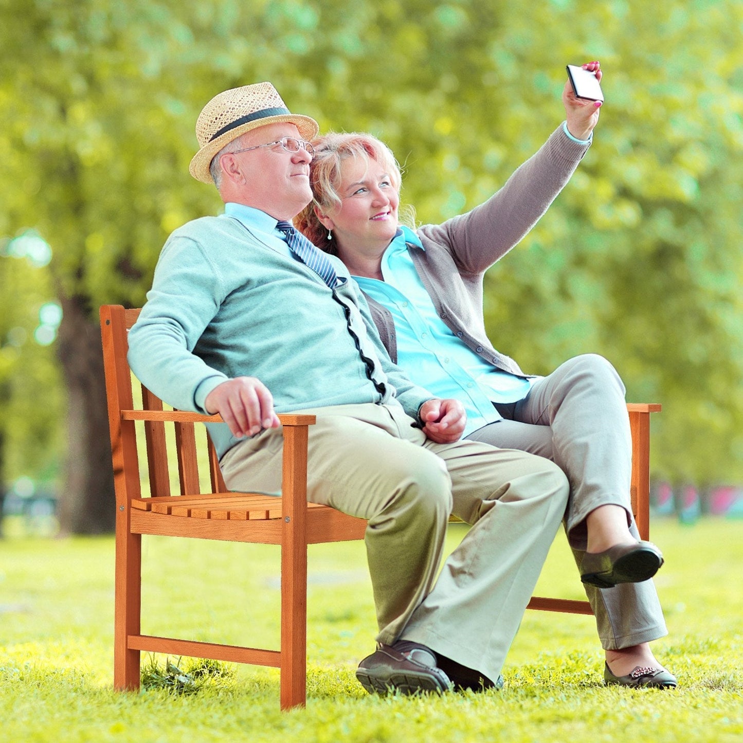 Patio Wood Bench with Cozy Armrests and Backrest