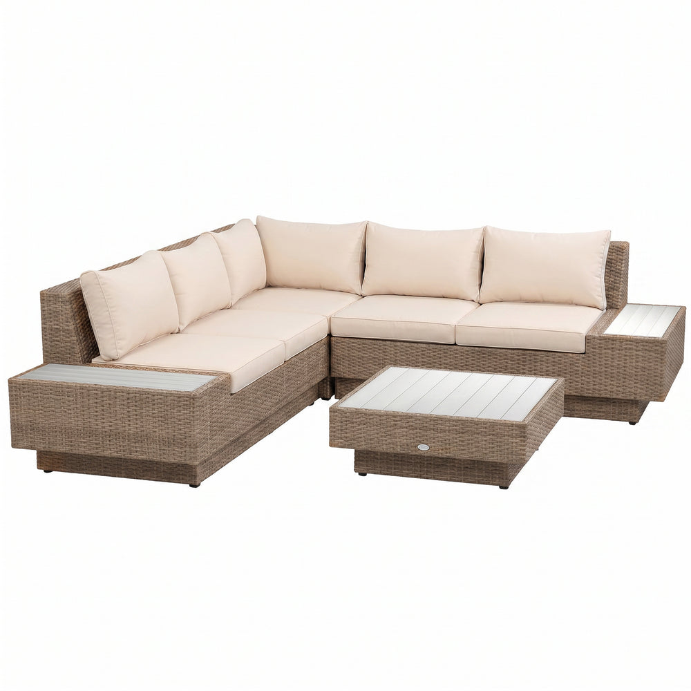 Outsunny 4 Pieces Rattan Garden Furniture Set, Garden Corner Sofa with Side Trays, Wicker Conservatory Furniture Set with Loveseats, Slatted Plastic Top Coffee Table and Cushions, Beige