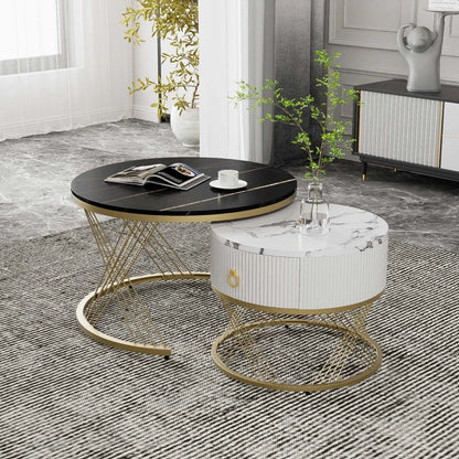 Elegant Nesting Coffee Table Set, Marble Look with Gold Decor, Side Tables for Living Room with Drawers - 70x70x45 cm + 50x50x40 cm, Black