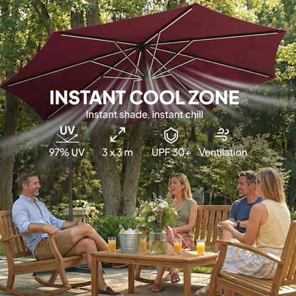 Outsunny 3 m Garden Cantilever Parasol with LED Solar Light, Round Overhanging Umbrella with 360° Rotation, Cover, Wine Red