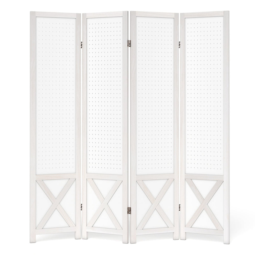 4-Panel Pegboard Room Divider with Solid Wood Frame and Metal Hinges