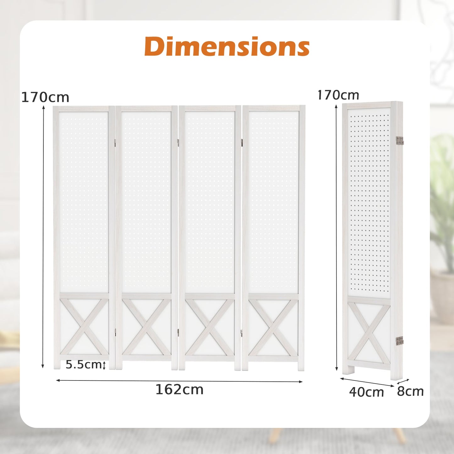 4-Panel Pegboard Room Divider with Solid Wood Frame and Metal Hinges