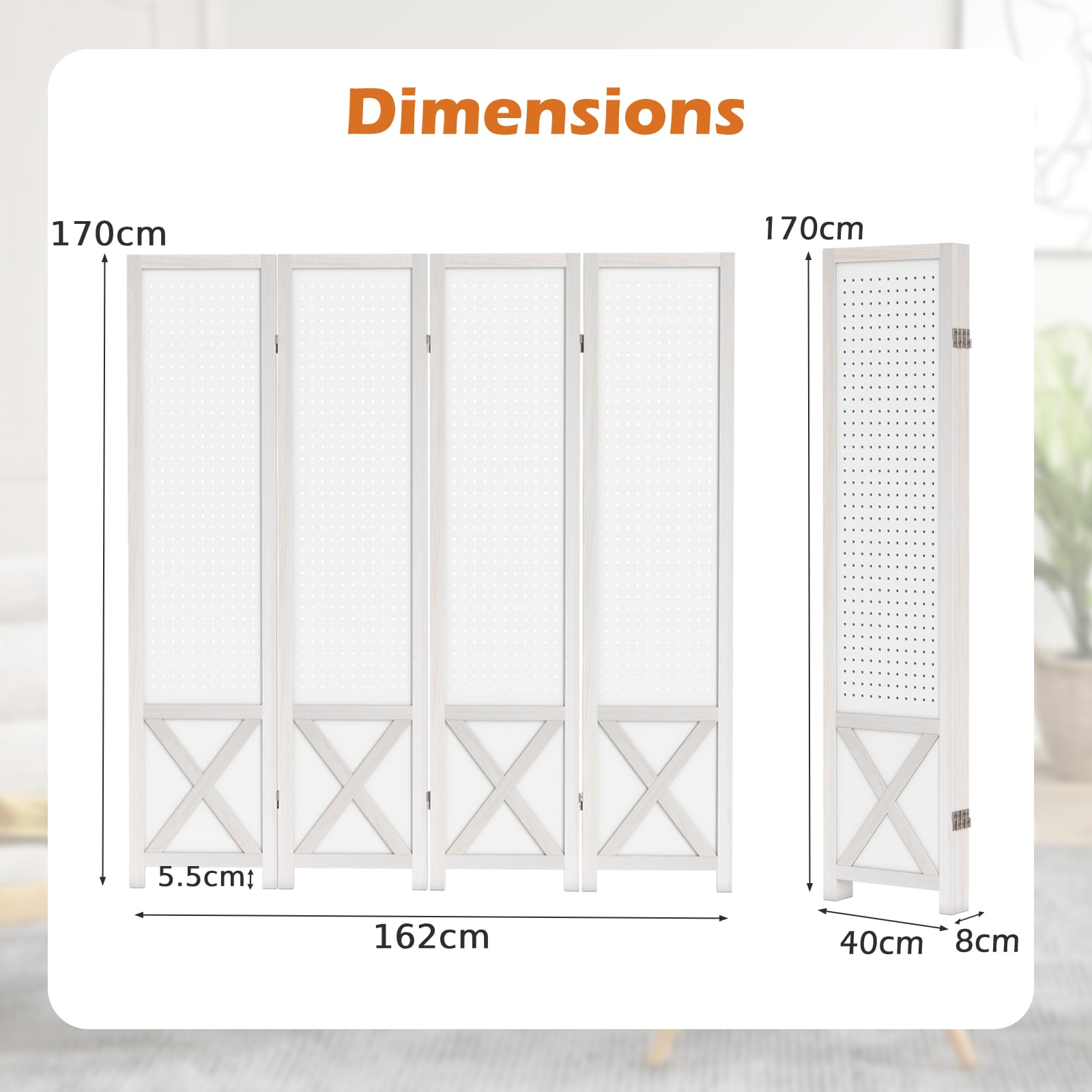 4-Panel Pegboard Room Divider with Solid Wood Frame and Metal Hinges