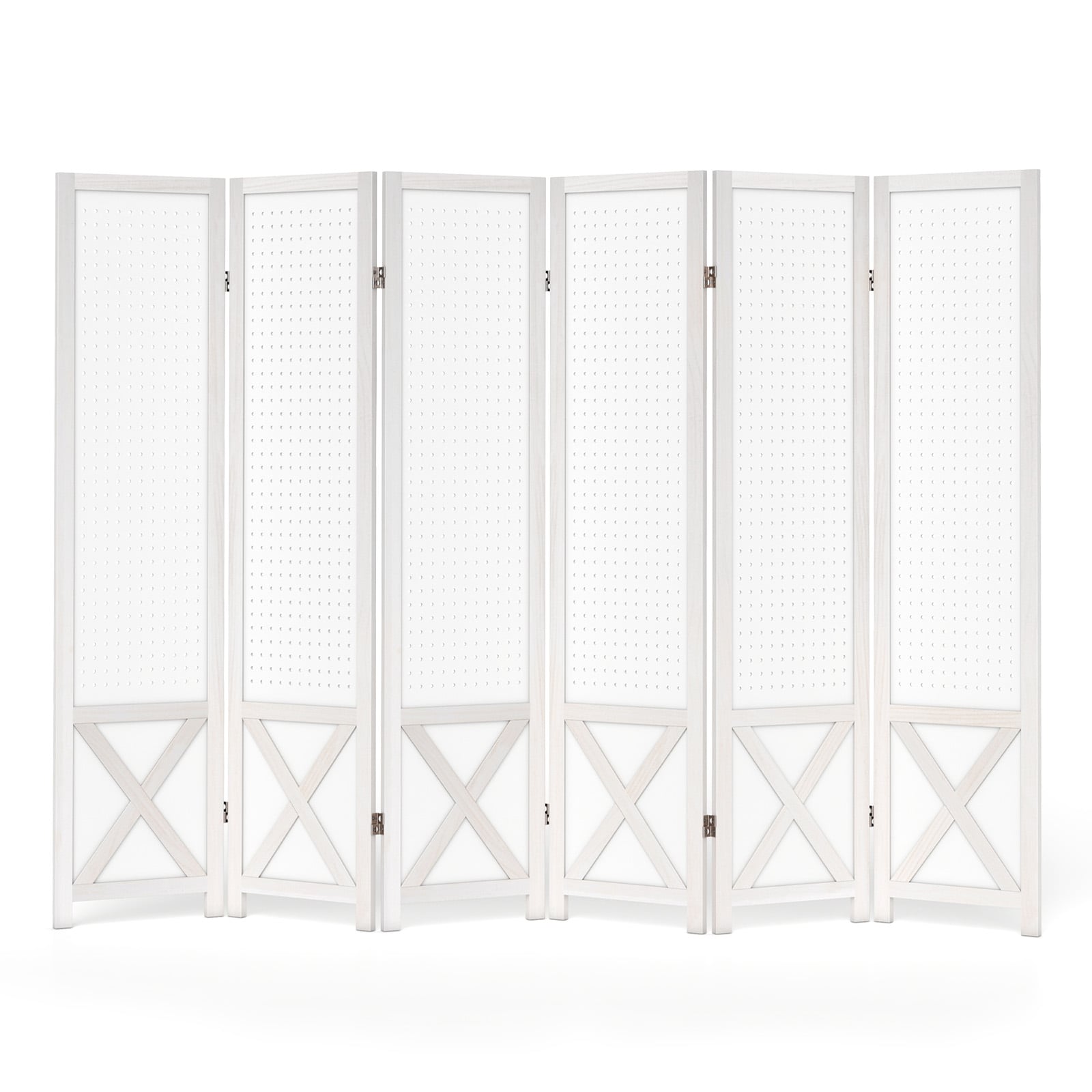 6-Panel Pegboard Room Divider with Solid Wood Frame and Metal Hinges