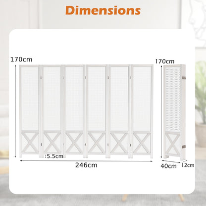 6-Panel Pegboard Room Divider with Solid Wood Frame and Metal Hinges