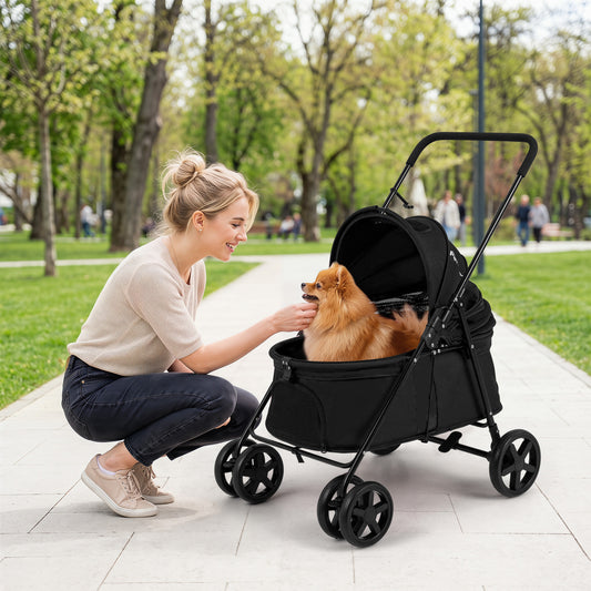 Pet Stroller for Small Medium Dogs with 360° Swivel Front Wheels and One-Step Rear Brake-Black