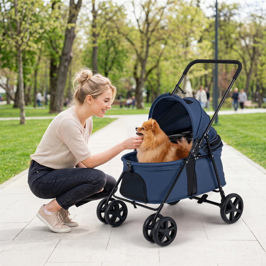 Pet Stroller for Small Medium Dogs with 360° Swivel Front Wheels and One-Step Rear Brake-Navy
