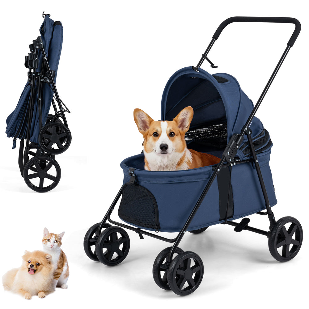 Pet Stroller for Small Medium Dogs with 360° Swivel Front Wheels and One-Step Rear Brake-Navy