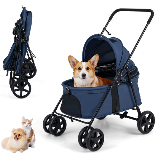 Pet Stroller for Small Medium Dogs with 360° Swivel Front Wheels and One-Step Rear Brake-Navy