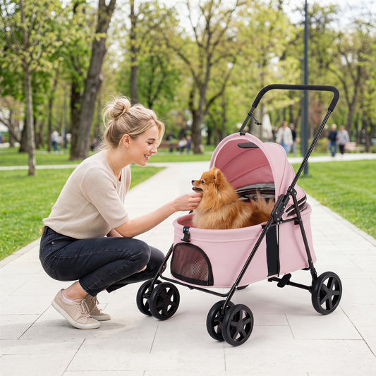 Pet Stroller for Small Medium Dogs with 360° Swivel Front Wheels and One-Step Rear Brake-Pink