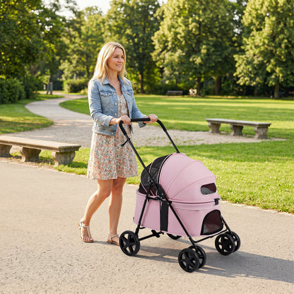 Pet Stroller for Small Medium Dogs with 360° Swivel Front Wheels and One-Step Rear Brake-Pink