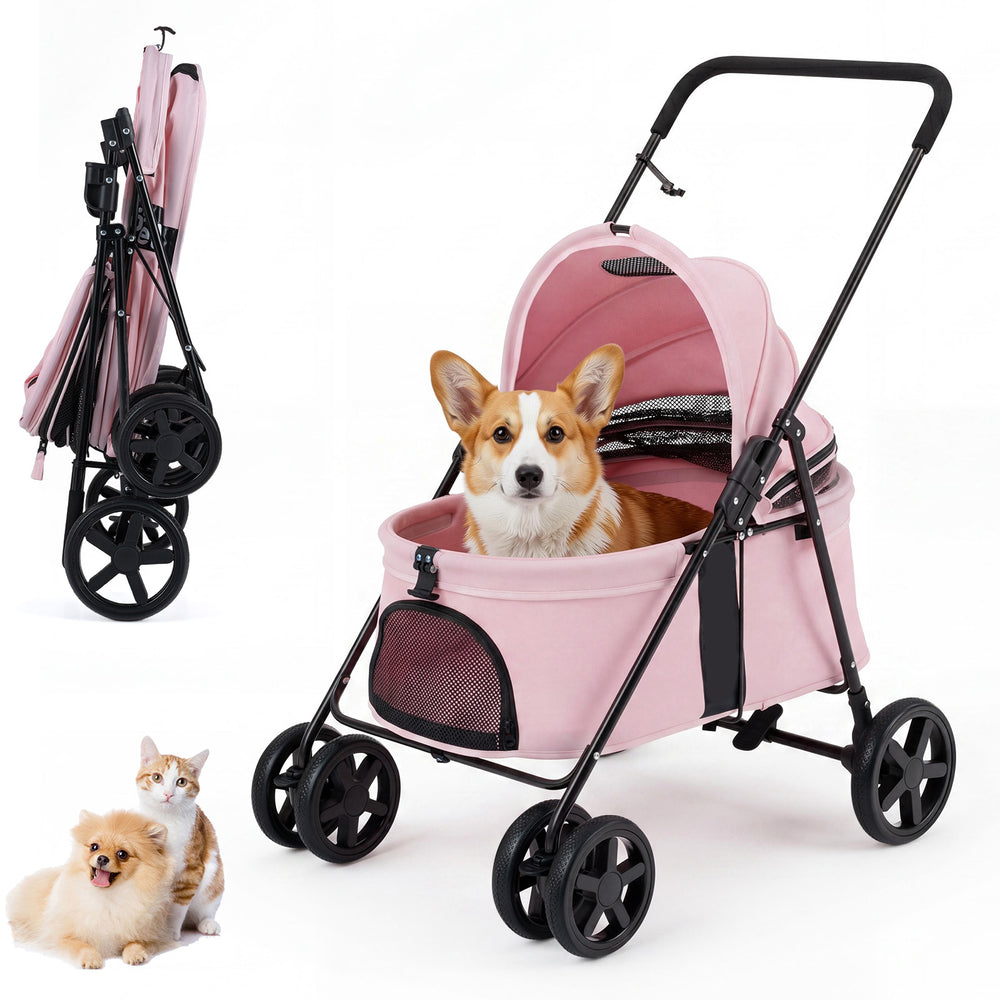 Pet Stroller for Small Medium Dogs with 360° Swivel Front Wheels and One-Step Rear Brake-Pink