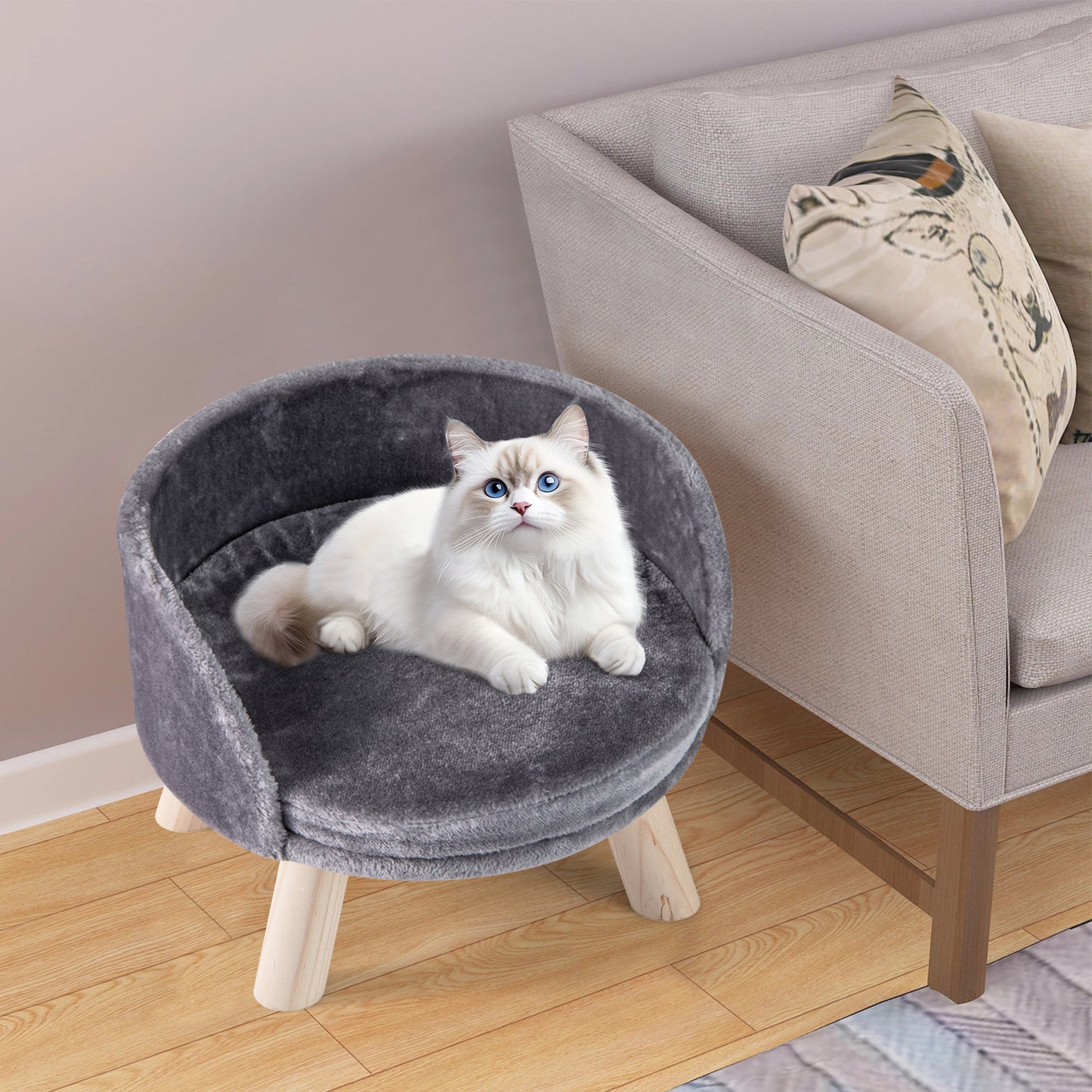 Pet Bed Sofa Wooden Couch with Removable and Washable Cushion-Grey
