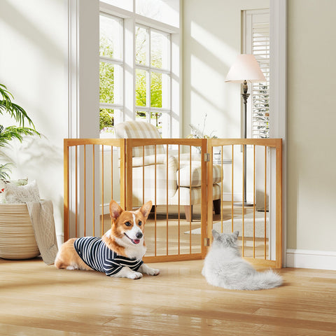76 CM Tall Pet Gate Wooden Dog Fence 3-Panel Room Divider Barrier-Natural