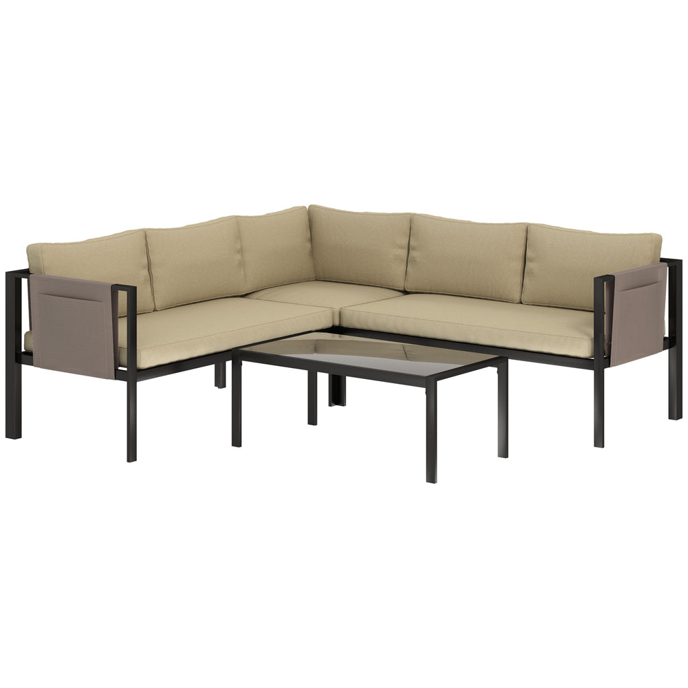 Outsunny 5 Seater Garden Corner Sofa Set, 4 Pieces Metal Garden Furniture Set with Loveseats, Glass Top Coffee Table, Breathable Mesh Pocket, Outdoor Conversation Furniture with Cushions, Khaki