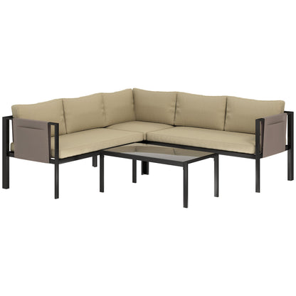 Outsunny 5 Seater Garden Corner Sofa Set, 4 Pieces Metal Garden Furniture Set with Loveseats, Glass Top Coffee Table, Breathable Mesh Pocket, Outdoor Conversation Furniture with Cushions, Khaki