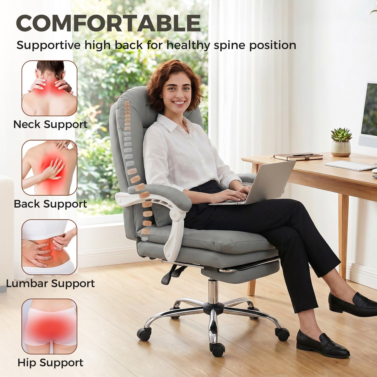 HOMCOM Ergonomic Executive Office Chair, Velvet Reclining Desk Chair with Lumbar Support, Footrest, Plush Thick Cushion, Grey