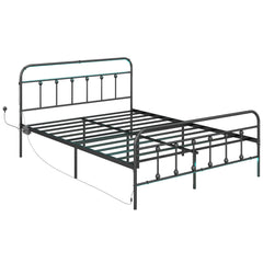 HOMCOM King Bed Frame with LED Lights and Charging Station, Metal Platform Bed Frame with Under Bed Storage, Black