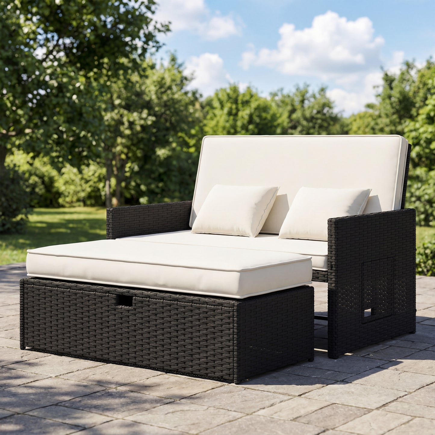 Outsunny Rattan Garden Daybed, Assembled Double Sun Lounger with 5-Level Adjustable Back, Storage Ottoman, Cream White