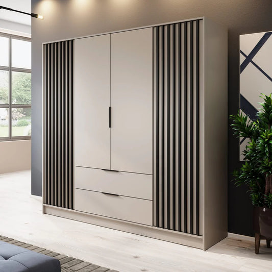 Modern wardrobe with striped design in a room with a window and plant.