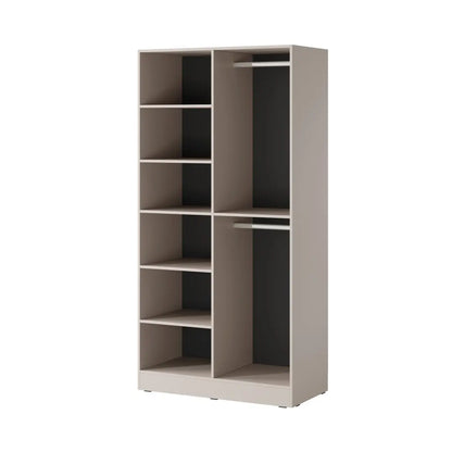 Gray wardrobe with shelves and a hanging section on a white background