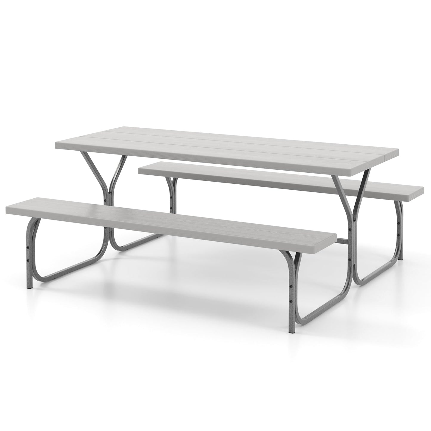 183 cm Picnic Table Bench Set with Umbrella Hole for Patio Garden Yard Poolside Party-Grey