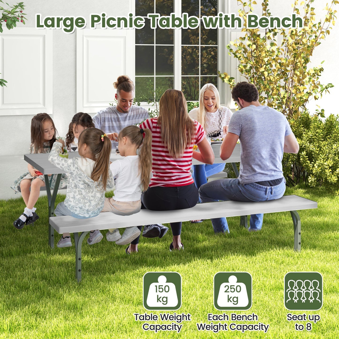 183 cm Picnic Table Bench Set with Umbrella Hole for Patio Garden Yard Poolside Party-Grey