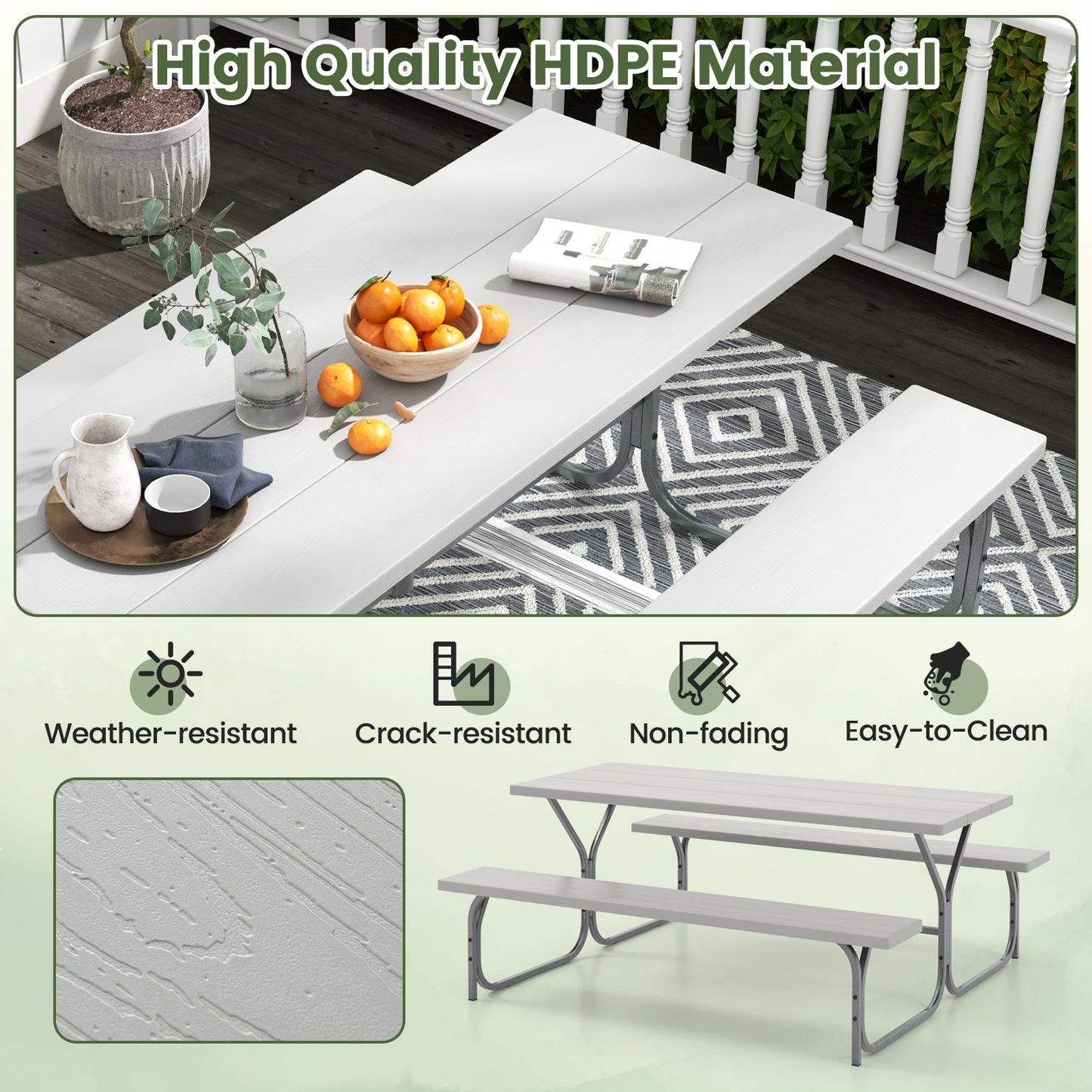 183 cm Picnic Table Bench Set with Umbrella Hole for Patio Garden Yard Poolside Party-Grey