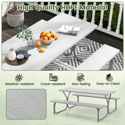 183 cm Picnic Table Bench Set with Umbrella Hole for Patio Garden Yard Poolside Party-Grey