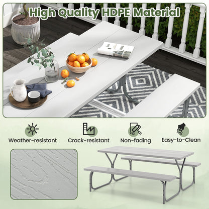 183 cm Picnic Table Bench Set with Umbrella Hole for Patio Garden Yard Poolside Party-Grey