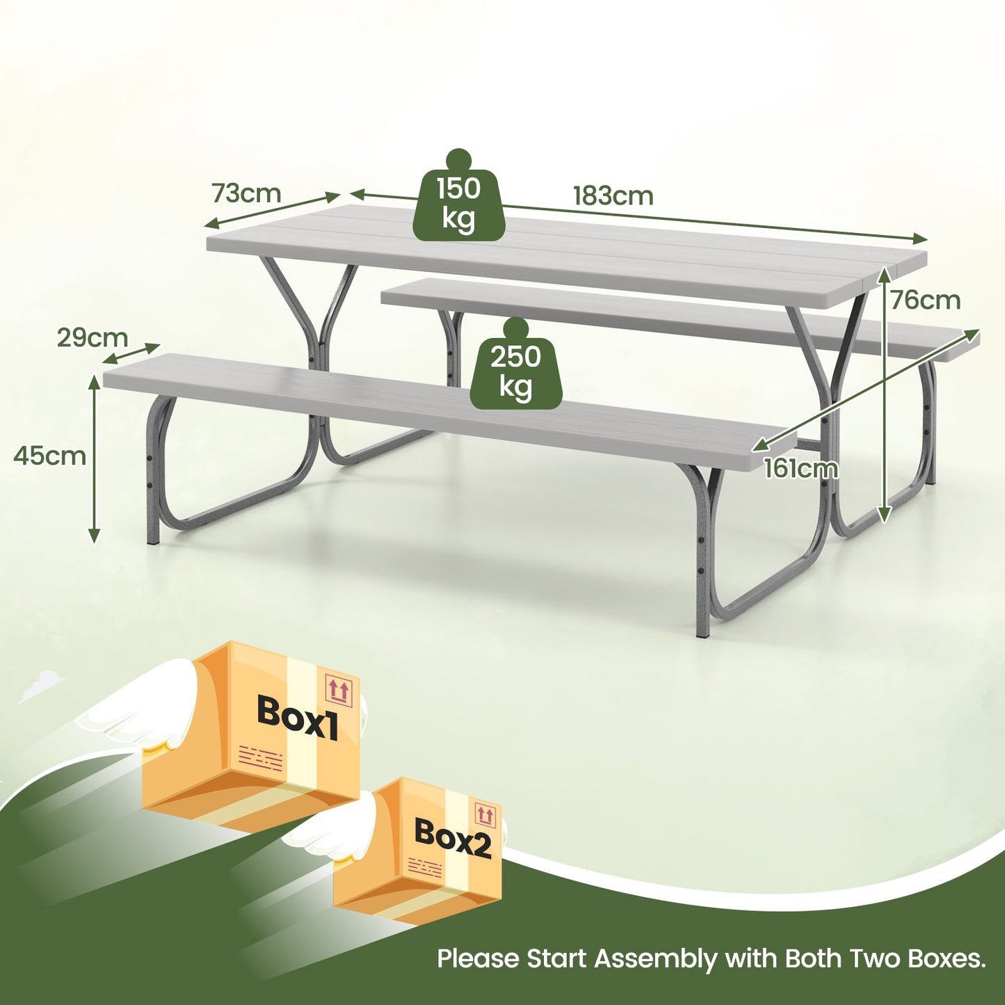 183 cm Picnic Table Bench Set with Umbrella Hole for Patio Garden Yard Poolside Party-Grey