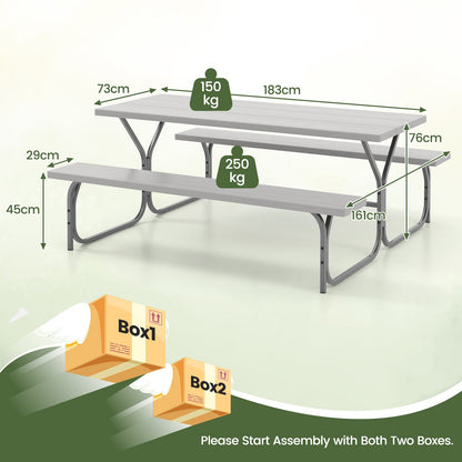 183 cm Picnic Table Bench Set with Umbrella Hole for Patio Garden Yard Poolside Party-Grey