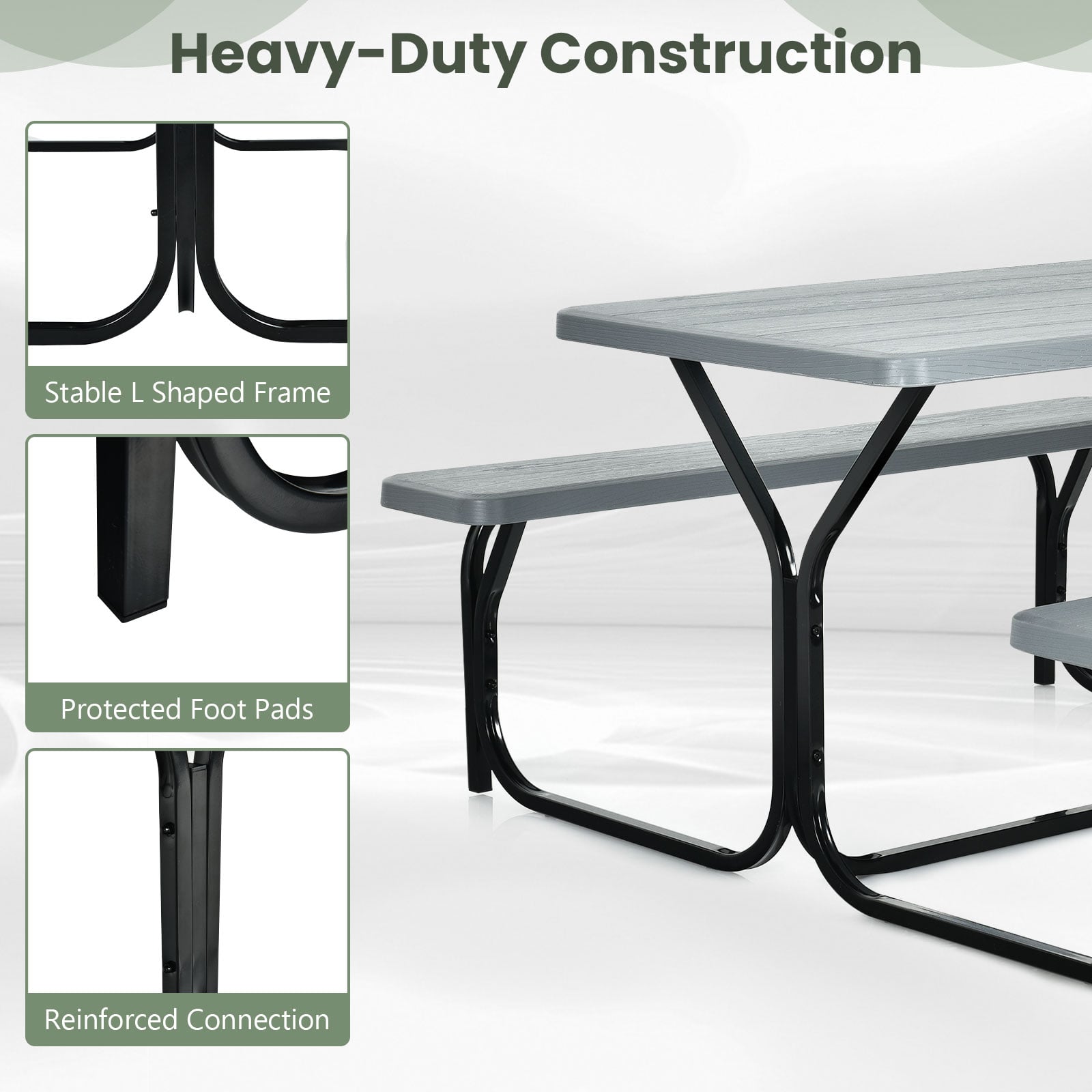 Picnic Table Bench Set with Metal Base Wood for Outdoor-Grey