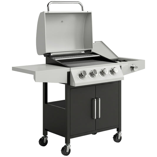 Outsunny 4+1 Burner Gas BBQ Grill with Side Burner, 50000 BTU Steel Portable Gas Barbecue Grill with Built-in Thermometer, Lid