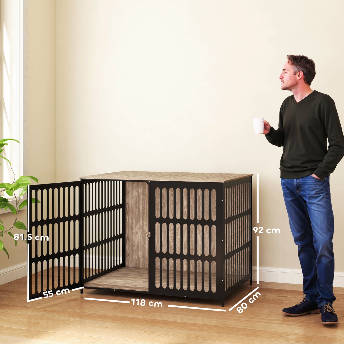 PawHut Dog Crate Furniture with Anti-Chew Resistant Mesh, Anti-Escape Single Door, for Extra Large Dogs, 118 x 80 x 92 cm