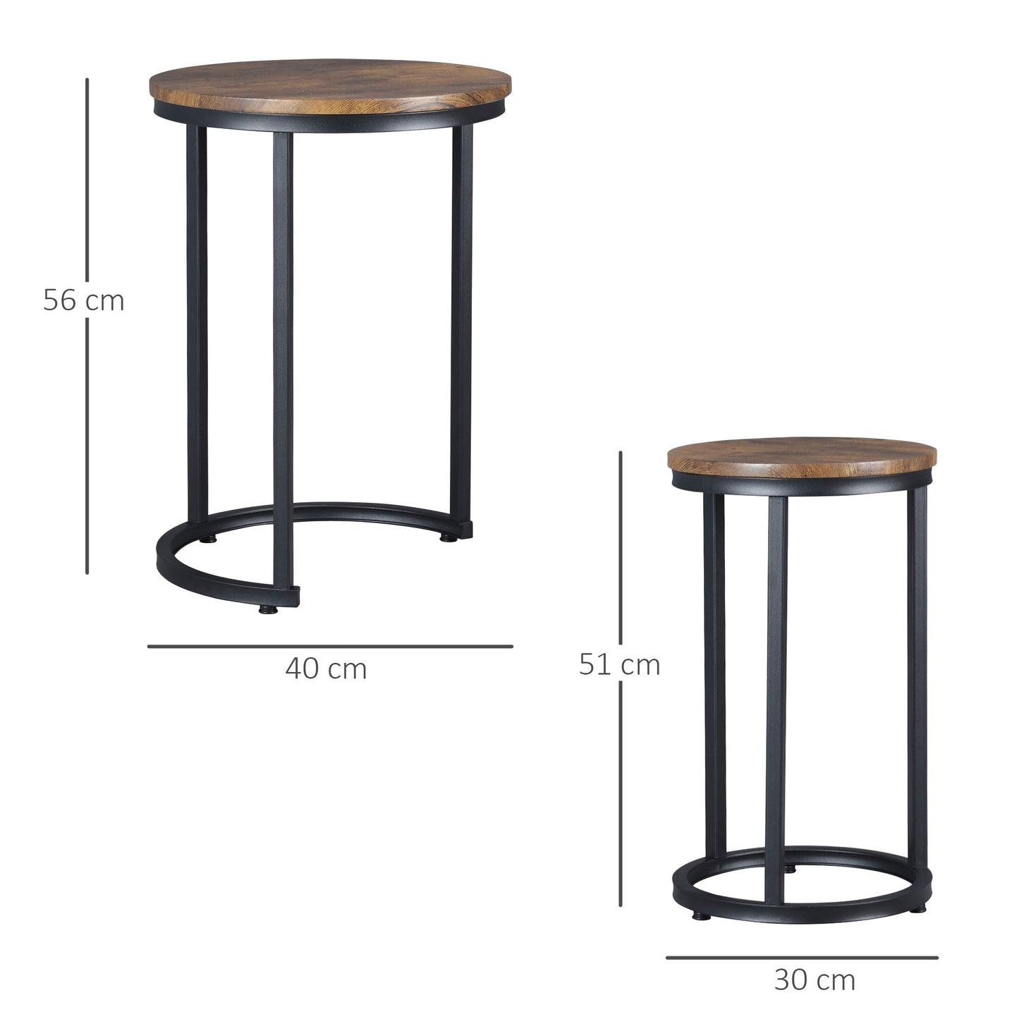 HOMCOM Round Nesting Tables Set of 2 Industrial Stackable Side Tables with Rustic Wood Grain Metal Frame for Living Room Brown