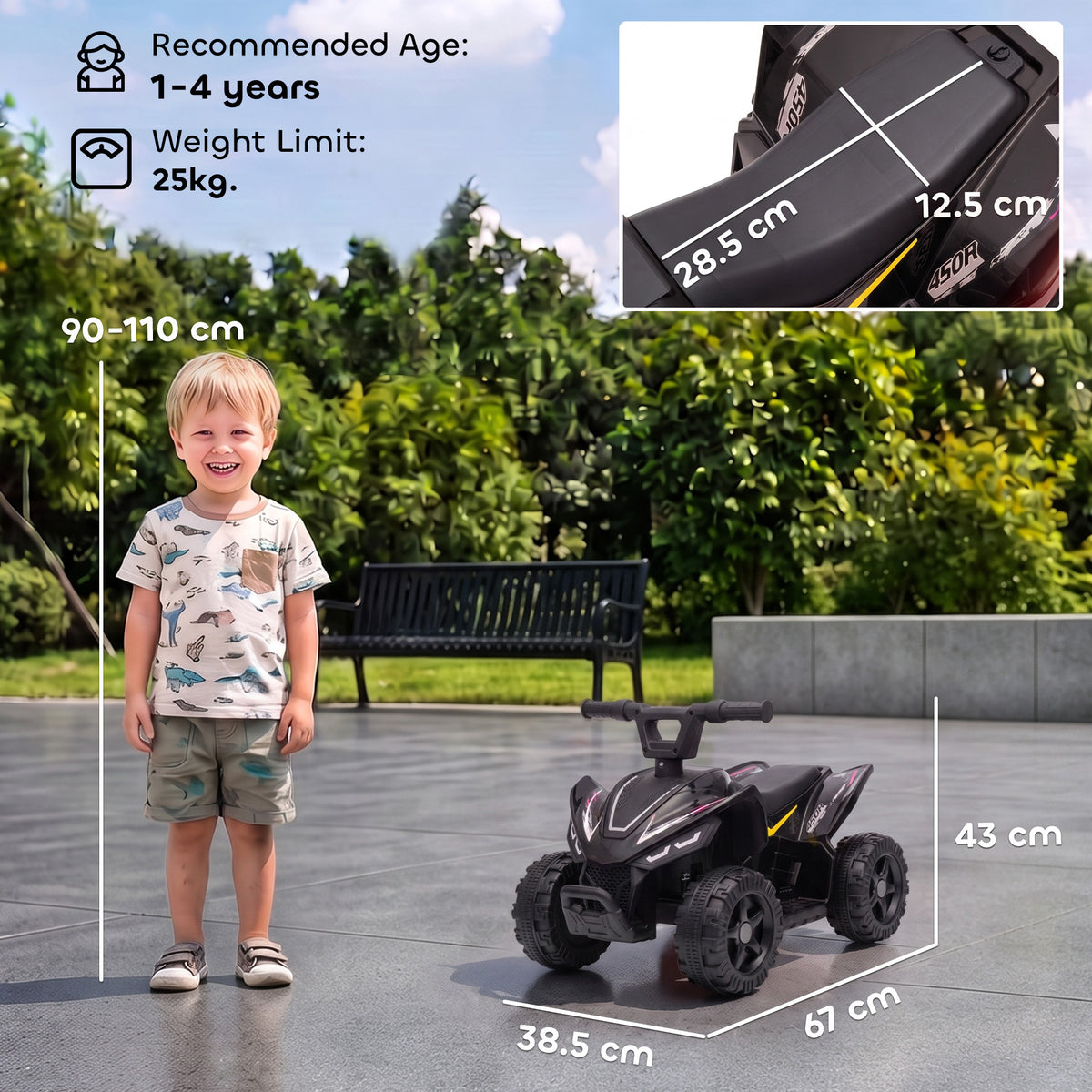AIYAPLAY 6V Battery Powered Kids ATV, Quad Bike w/ Handlebar Button Control, Max 1.2MPH, Max 55lbs Load, for 18-48 Months, Black