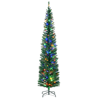 HOMCOM 7.5' Artificial Prelit Christmas Trees Holiday DÃ©cor with Colourful LED Lights, Pencil Shape, Steel Base