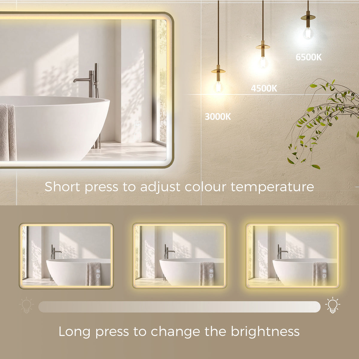 HOMCOM Bathroom Mirror with LED Lights, 100x70cm Rectangle Bathroom Mirror, Dimmable, Bluetooth, Anti-Fog, Gold Tone