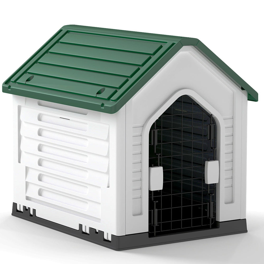 Plastic Dog House with Metal Lockable Door and Air Vents-Green
