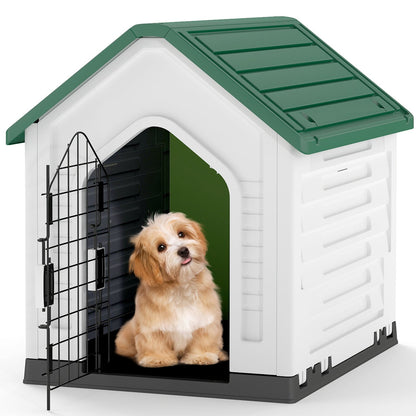Plastic Dog House with Metal Lockable Door and Air Vents-Green