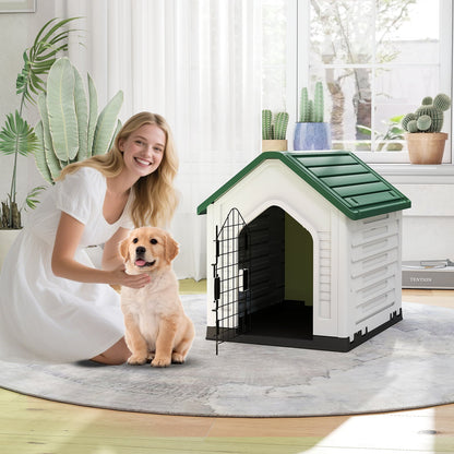 Plastic Dog House with Metal Lockable Door and Air Vents-Green