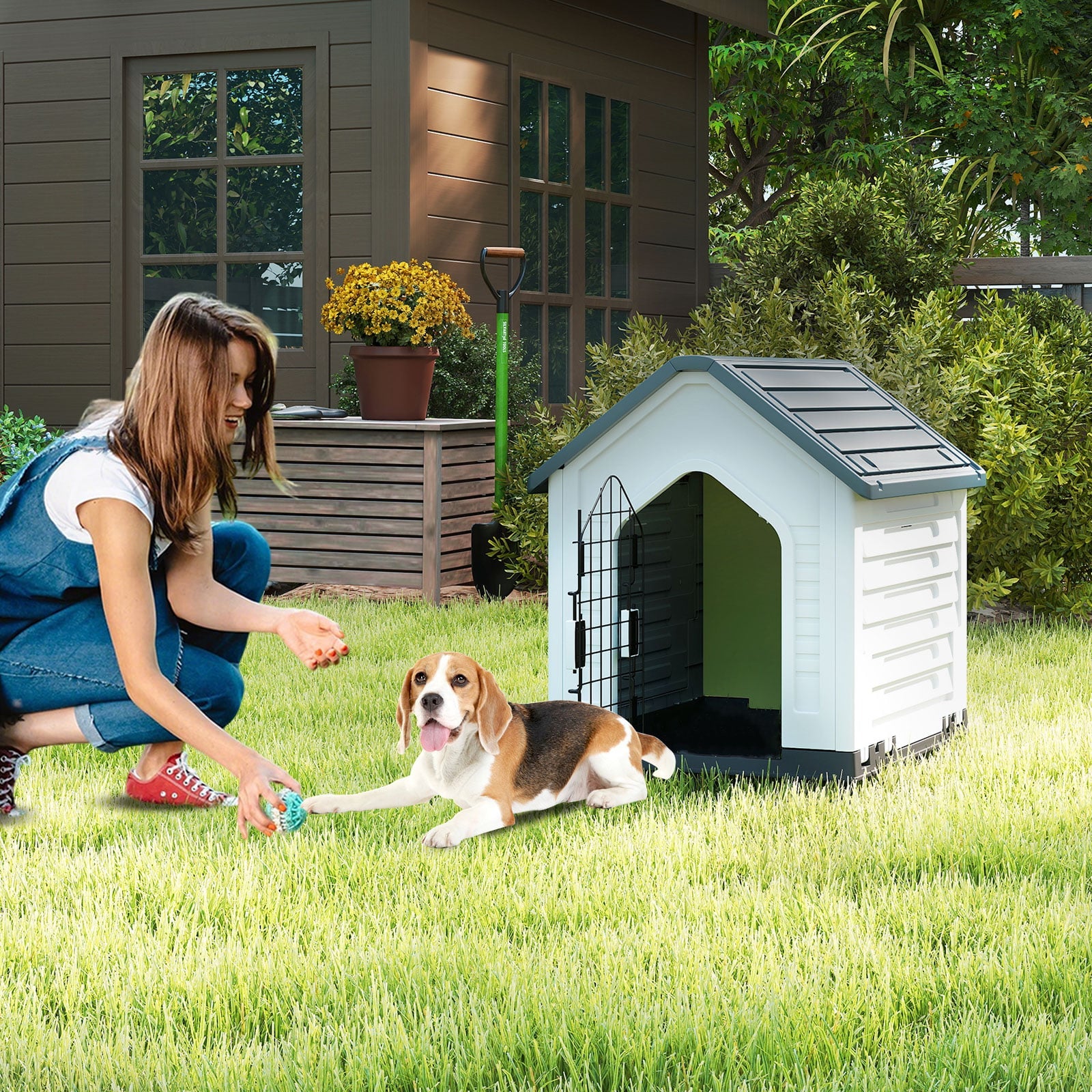 Plastic Dog House with Metal Lockable Door and Air Vents-Grey