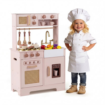 Play Kitchen for Kids Wooden Kitchen Playset with Realistic Lights and Sounds-Pink